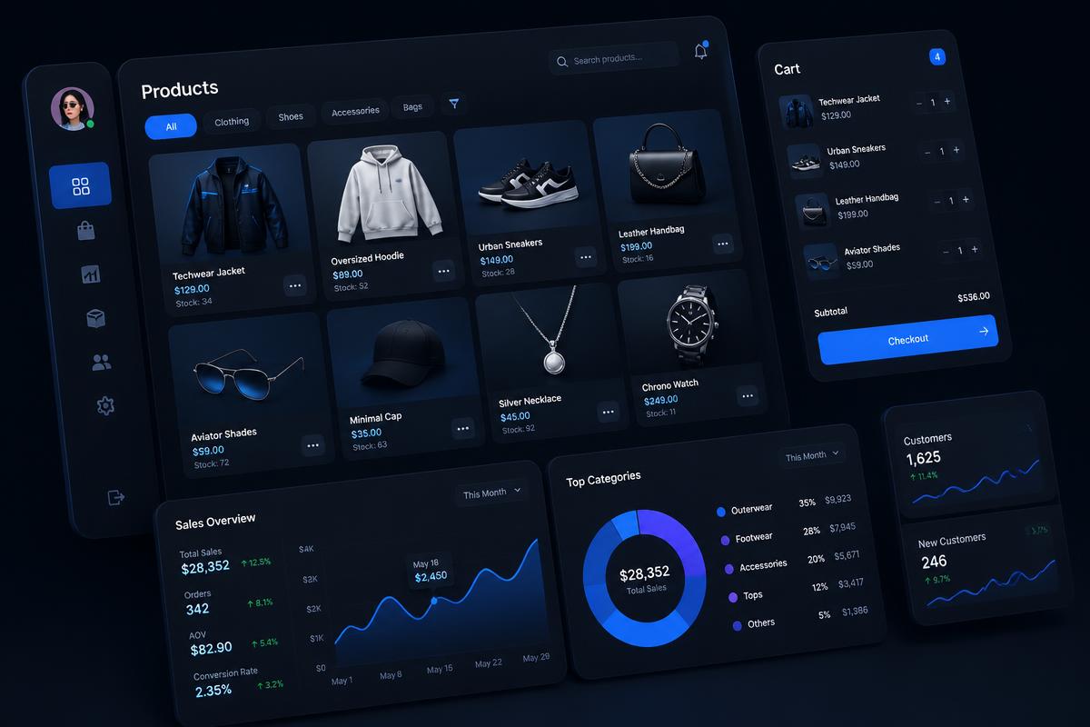 Dark themed e-commerce dashboard concept with product grid, cart and sales analytics