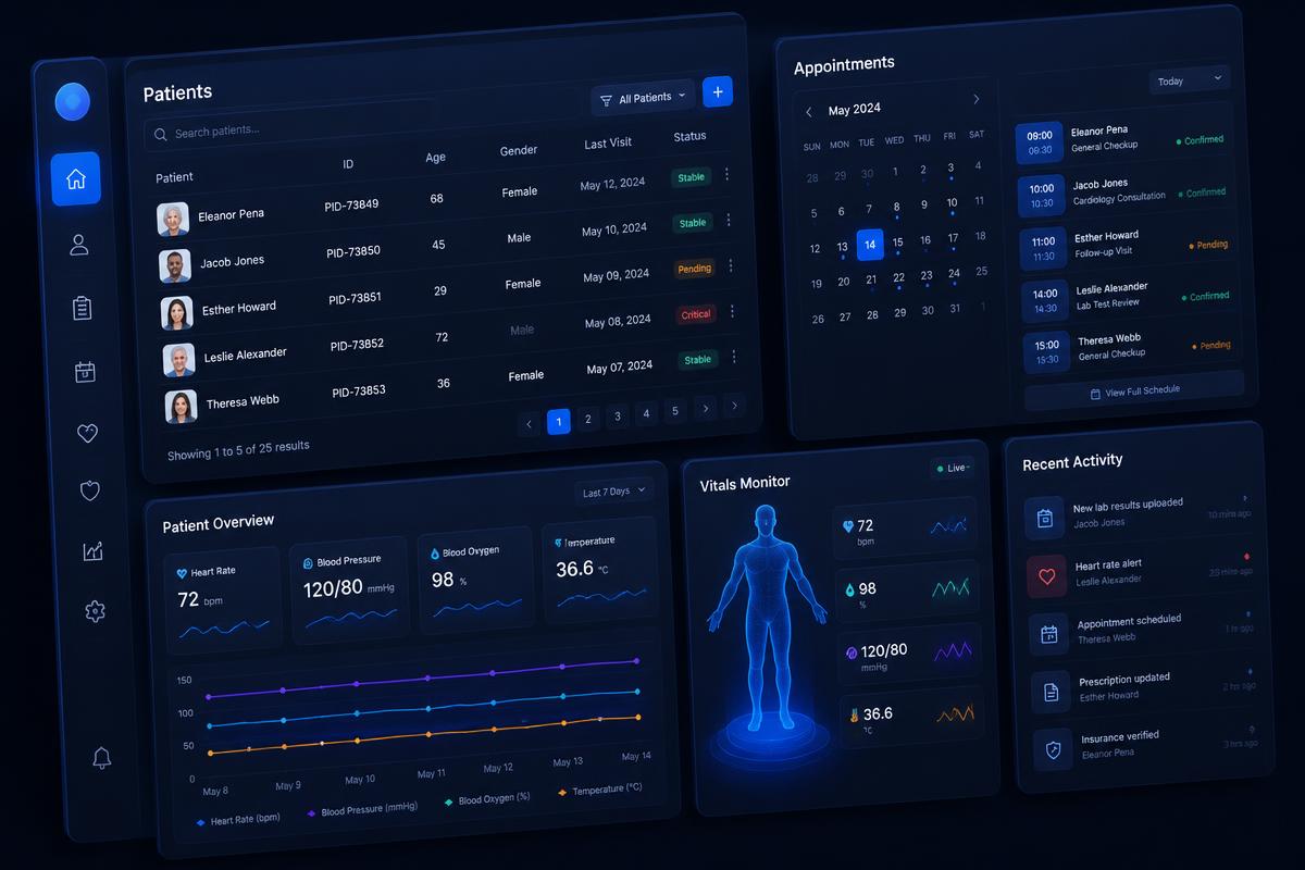 Dark themed healthcare dashboard concept with patient records, appointments and vitals